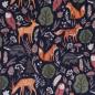 Preview: Stretch-Sweat leicht Waldtiere Eule Fuchs Reh dunkelblau